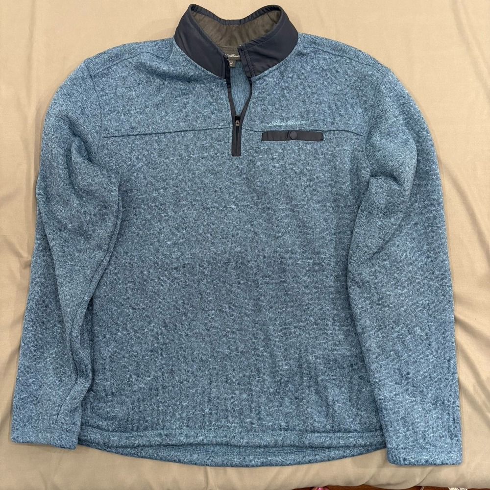 Eddie Bauer Pullover Mens XL 1/4 Zip Blue Fleece Sweater Jacket Pocket Outdoors
